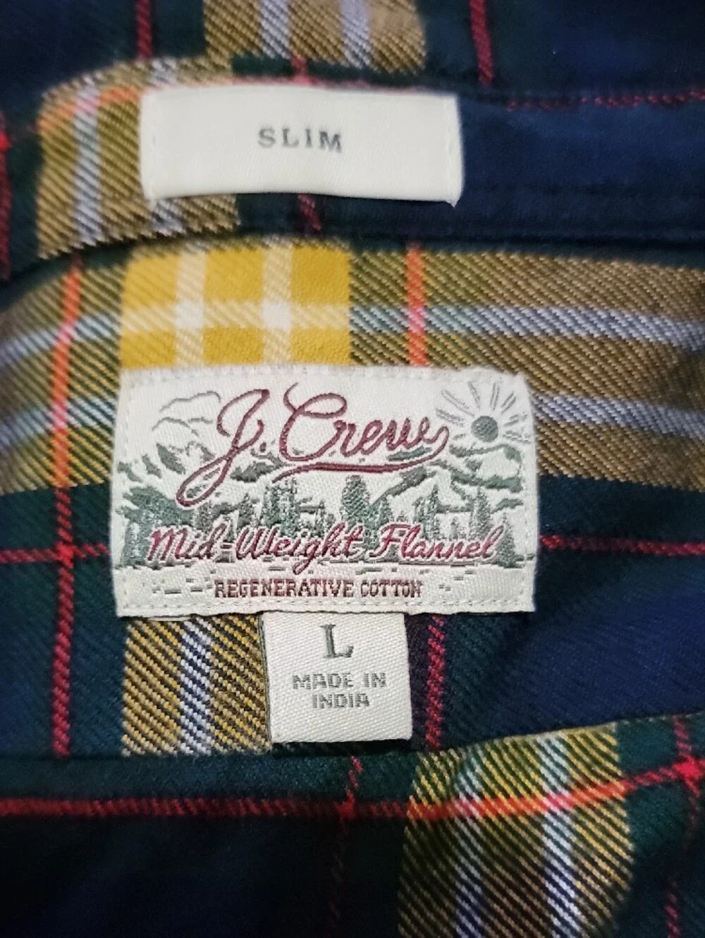 J. Crew Men's Navy and Yellow Plaid Button-Down Shirt Size Slim Large